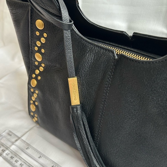 Vince Camuto Black Pebbled Leather Studded Shoulder Bag with Tassel - Picture 5 of 16
